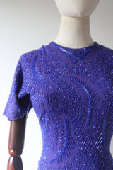 "Violet Blue Trailing Beadwork" Vintage 1940's Violet Blue Crepe Silk Beaded Dress UK 8 US 4