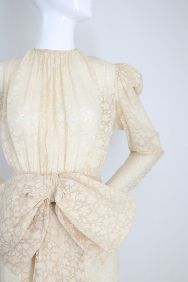 "Scattered Petals" Vintage 1930's Buttercream Burnout Silk Bow Dress UK 10 US 6