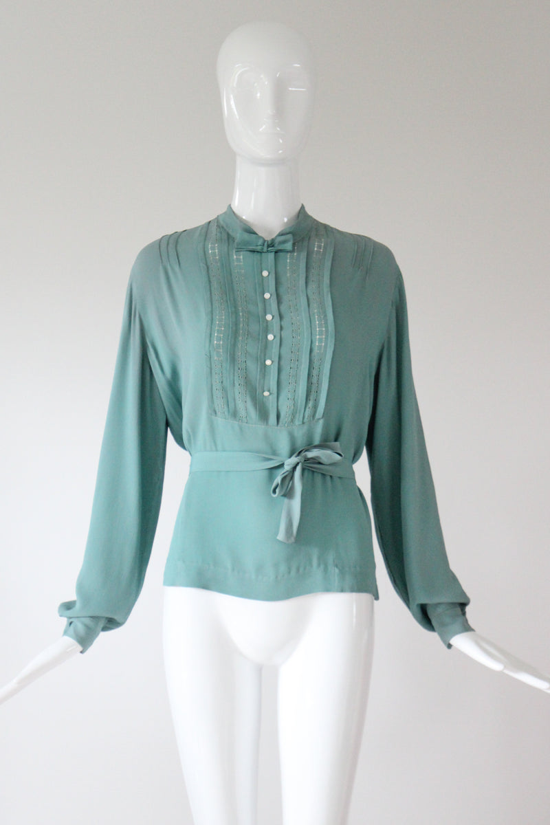 "Eau De Nile Silk" Vintage 1930's Eau De Nil Silk Blouse UK 14 US 10