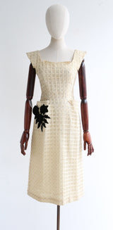 "Velvet Roses " Vintage 1950's Cream & Gold Woven Dress UK 8 US 4