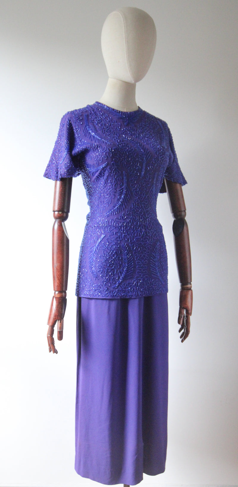 "Violet Blue Trailing Beadwork" Vintage 1940's Violet Blue Crepe Silk Beaded Dress UK 8 US 4