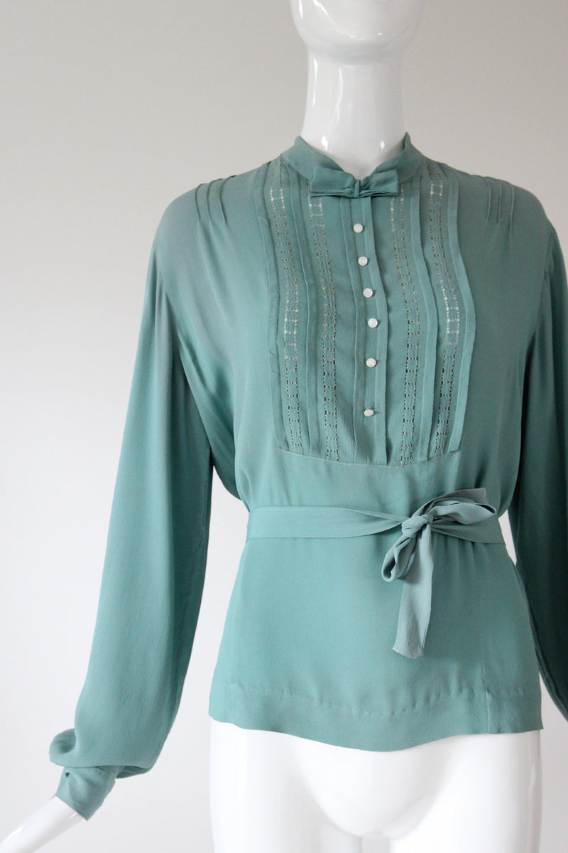 "Eau De Nile Silk" Vintage 1930's Eau De Nil Silk Blouse UK 14 US 10