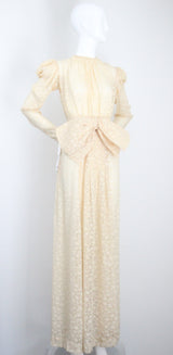 "Scattered Petals" Vintage 1930's Buttercream Burnout Silk Bow Dress UK 10 US 6