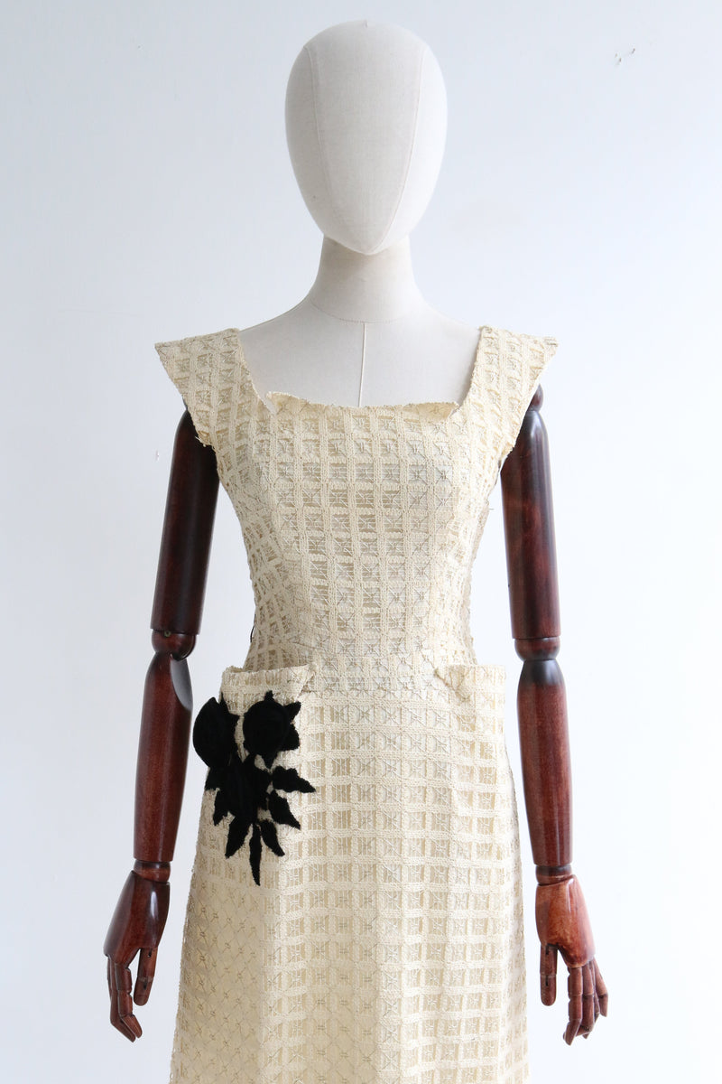 "Velvet Roses " Vintage 1950's Cream & Gold Woven Dress UK 8 US 4