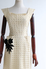 "Velvet Roses " Vintage 1950's Cream & Gold Woven Dress UK 8 US 4