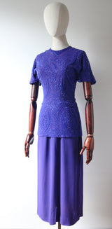 "Violet Blue Trailing Beadwork" Vintage 1940's Violet Blue Crepe Silk Beaded Dress UK 8 US 4