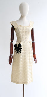 "Velvet Roses " Vintage 1950's Cream & Gold Woven Dress UK 8 US 4