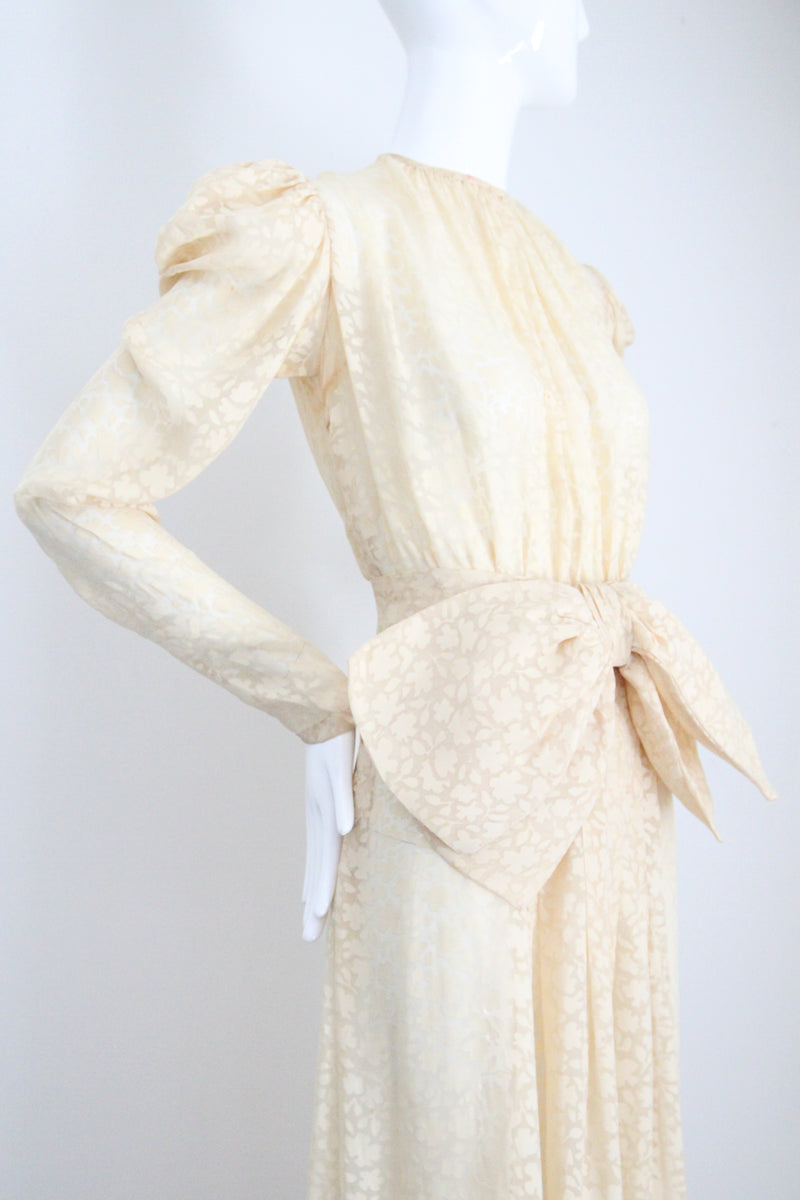 "Scattered Petals" Vintage 1930's Buttercream Burnout Silk Bow Dress UK 10 US 6