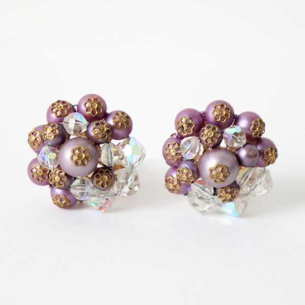 "Lilac Pearls & Iridescent Beads" Vintage 1950's Lilac Pearl & Iridescent Beaded Earrings