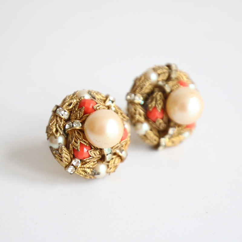 "Pearls & Filigrée" Vintage 1950's Pearl, Coral & Filigrée Statement Clip On Earrings