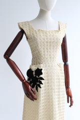 "Velvet Roses " Vintage 1950's Cream & Gold Woven Dress UK 8 US 4