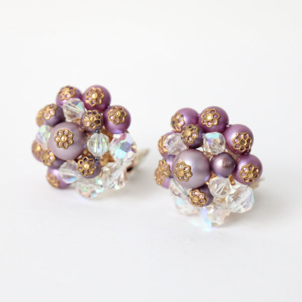 "Lilac Pearls & Iridescent Beads" Vintage 1950's Lilac Pearl & Iridescent Beaded Earrings