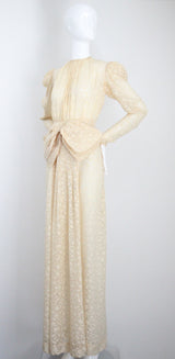 "Scattered Petals" Vintage 1930's Buttercream Burnout Silk Bow Dress UK 10 US 6
