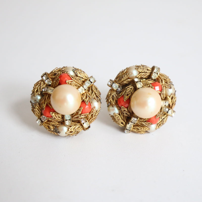 "Pearls & Filigrée" Vintage 1950's Pearl, Coral & Filigrée Statement Clip On Earrings