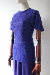 "Violet Blue Trailing Beadwork" Vintage 1940's Violet Blue Crepe Silk Beaded Dress UK 8 US 4