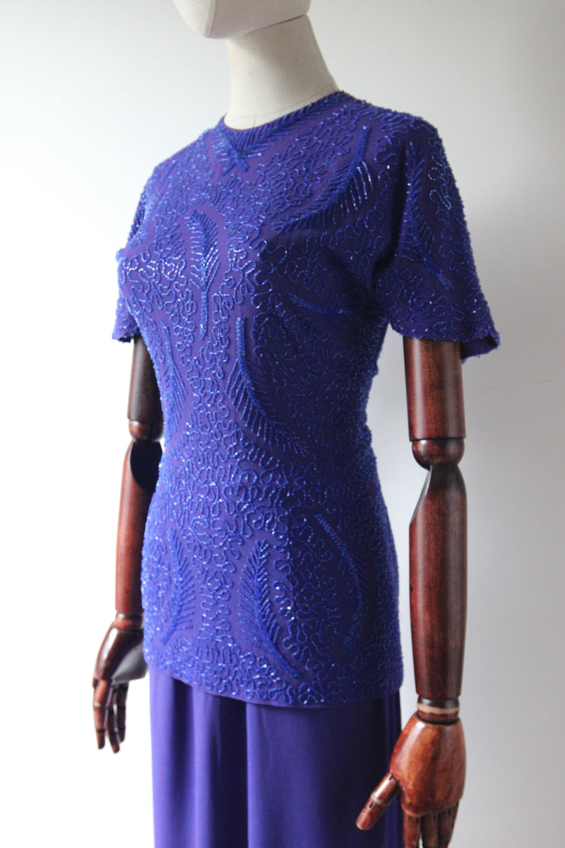 "Violet Blue Trailing Beadwork" Vintage 1940's Violet Blue Crepe Silk Beaded Dress UK 8 US 4