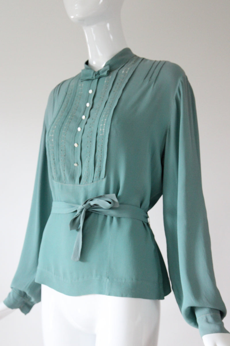 "Eau De Nile Silk" Vintage 1930's Eau De Nil Silk Blouse UK 14 US 10