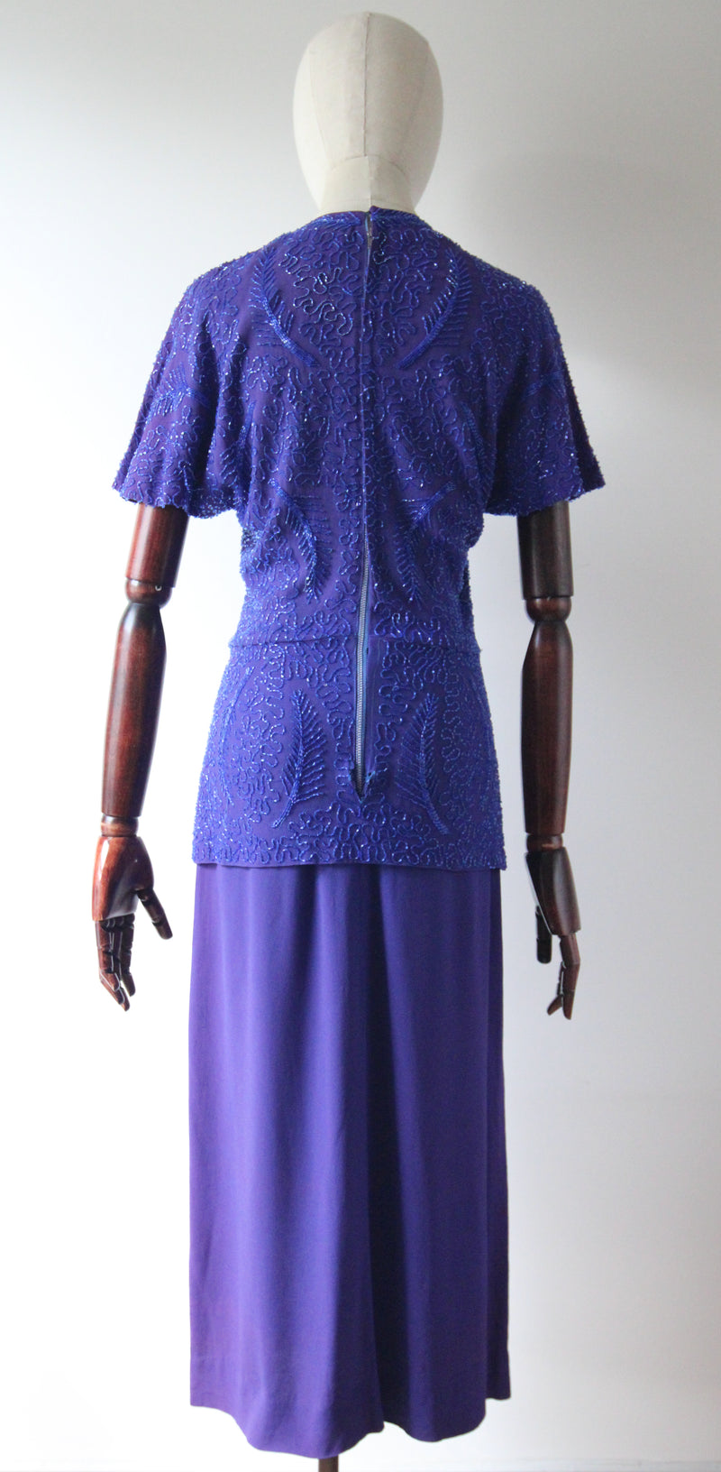 "Violet Blue Trailing Beadwork" Vintage 1940's Violet Blue Crepe Silk Beaded Dress UK 8 US 4