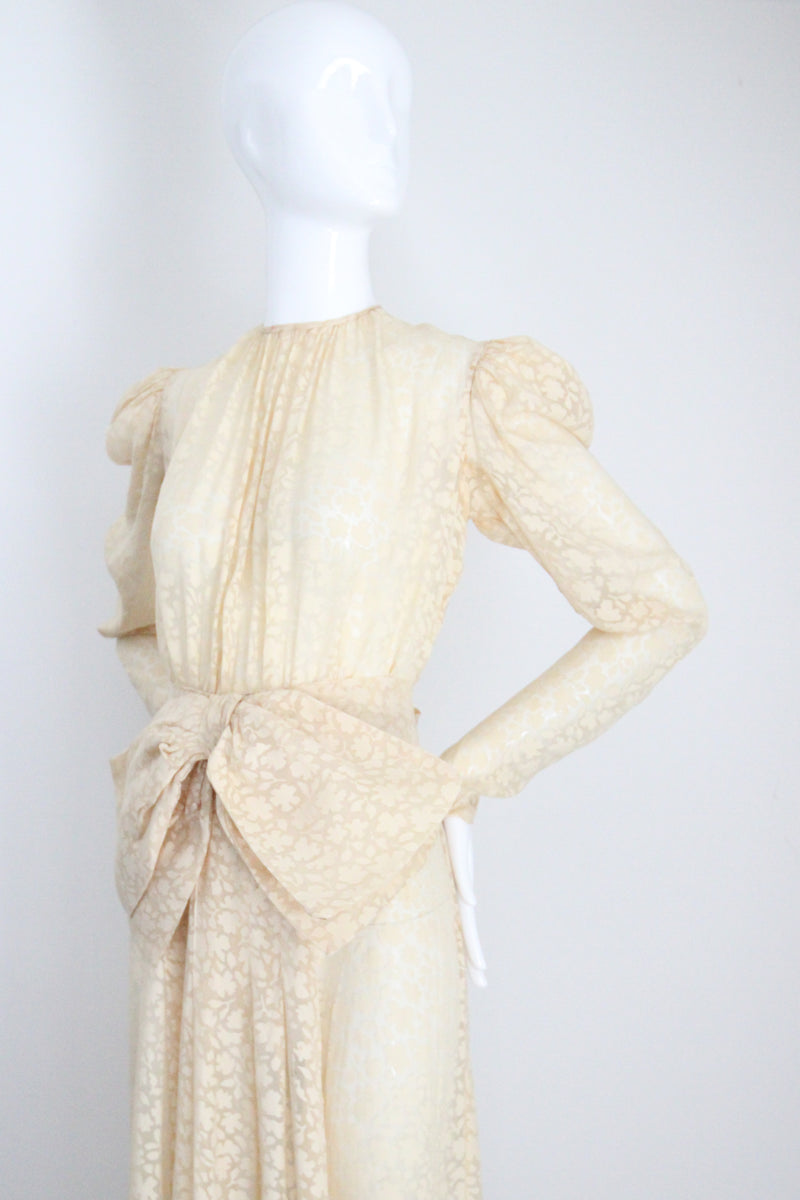 "Scattered Petals" Vintage 1930's Buttercream Burnout Silk Bow Dress UK 10 US 6