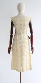 "Velvet Roses " Vintage 1950's Cream & Gold Woven Dress UK 8 US 4