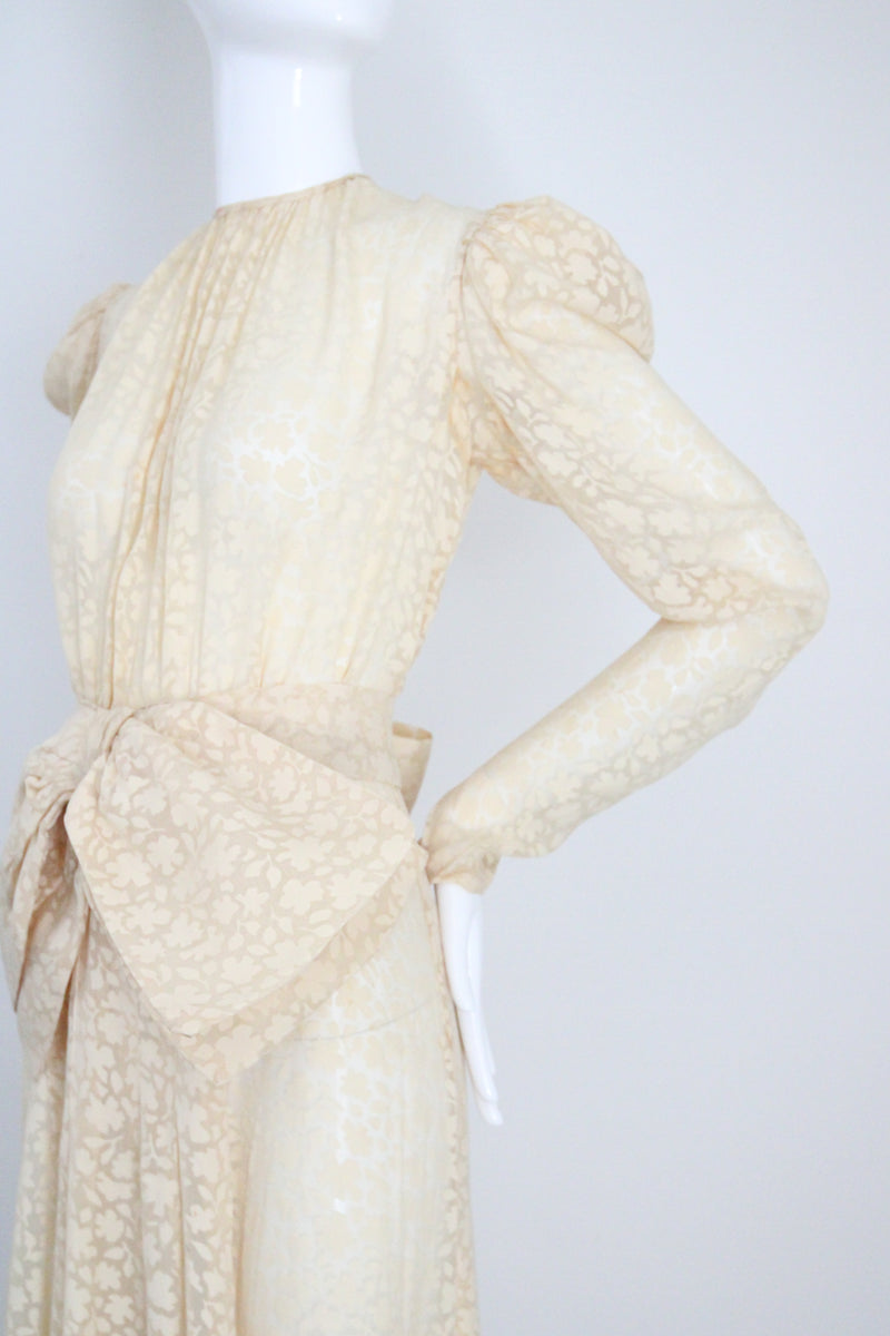 "Scattered Petals" Vintage 1930's Buttercream Burnout Silk Bow Dress UK 10 US 6