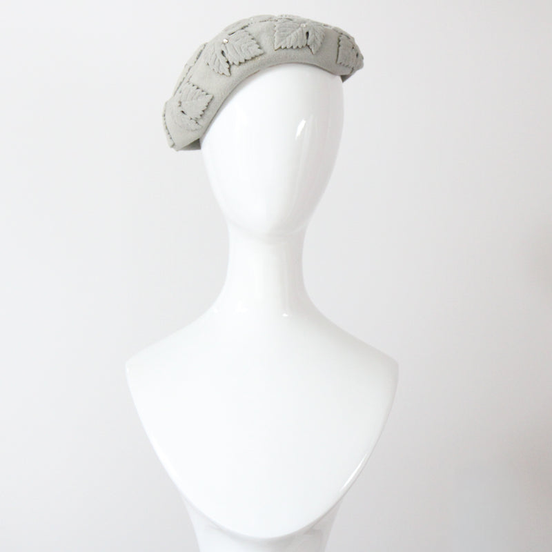 "Felt & Rhinestones" Vintage 1950's Dove Grey Felt & Rhinestone Leaf Appliqués Hat
