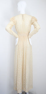 "Scattered Petals" Vintage 1930's Buttercream Burnout Silk Bow Dress UK 10 US 6