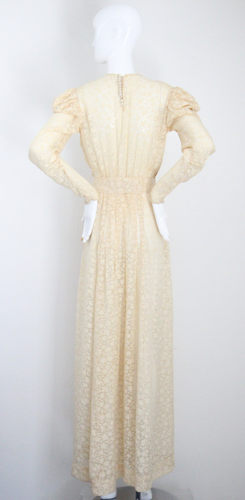 "Scattered Petals" Vintage 1930's Buttercream Burnout Silk Bow Dress UK 10 US 6