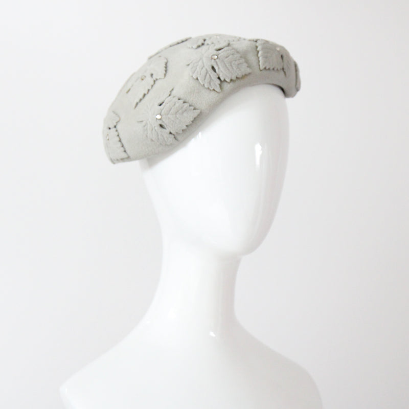 "Felt & Rhinestones" Vintage 1950's Dove Grey Felt & Rhinestone Leaf Appliqués Hat