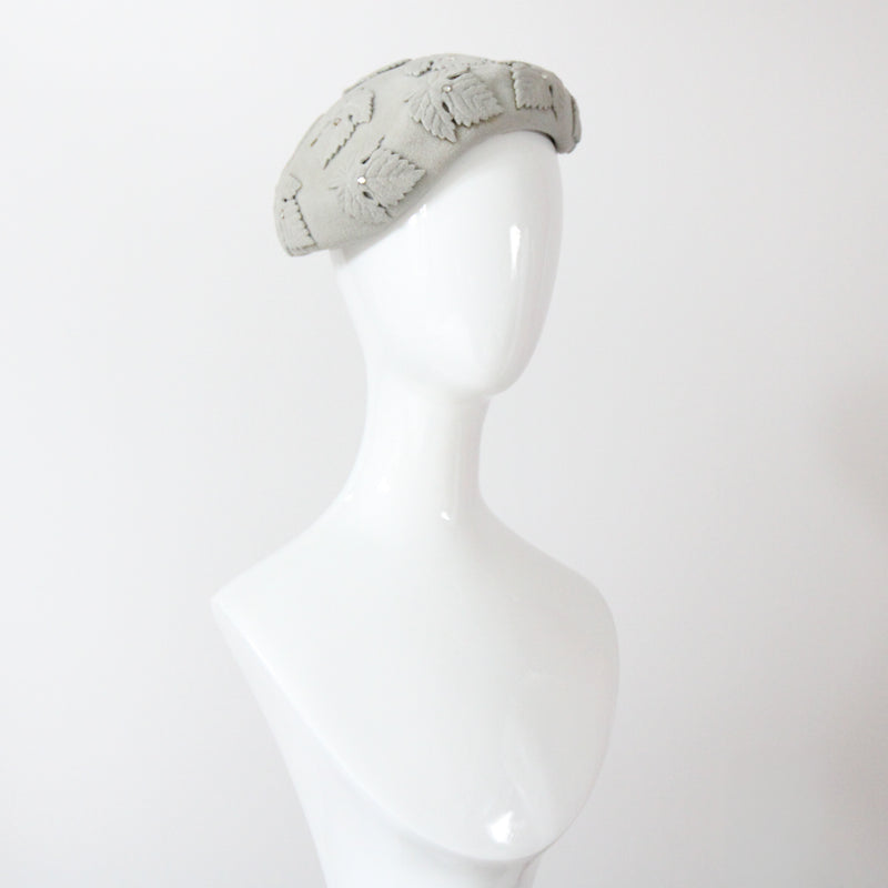 "Felt & Rhinestones" Vintage 1950's Dove Grey Felt & Rhinestone Leaf Appliqués Hat