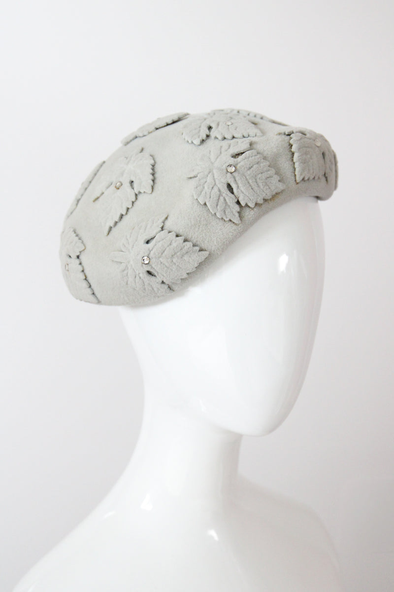 "Felt & Rhinestones" Vintage 1950's Dove Grey Felt & Rhinestone Leaf Appliqués Hat