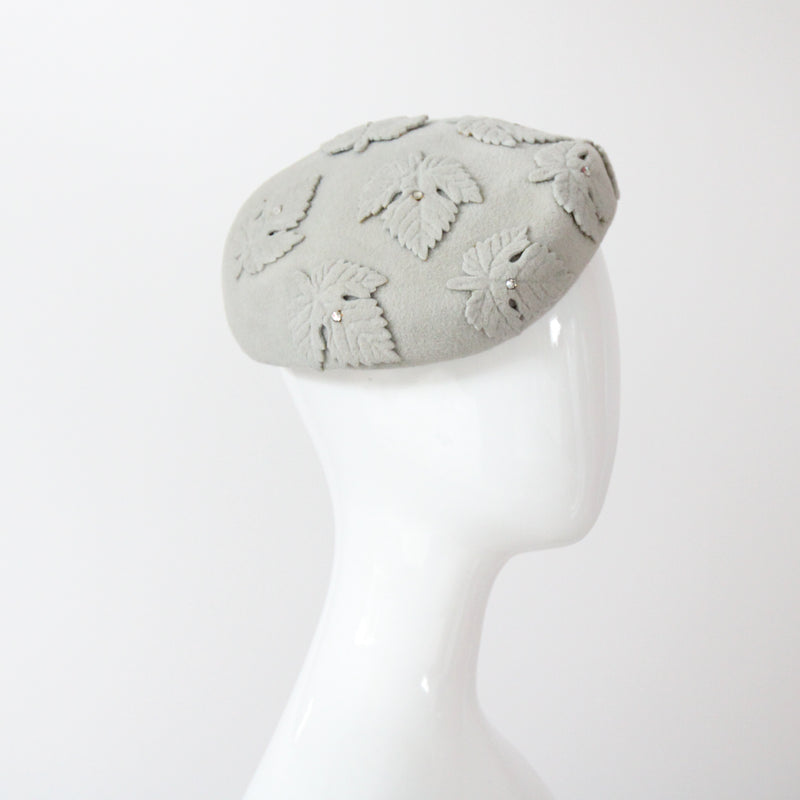 "Felt & Rhinestones" Vintage 1950's Dove Grey Felt & Rhinestone Leaf Appliqués Hat
