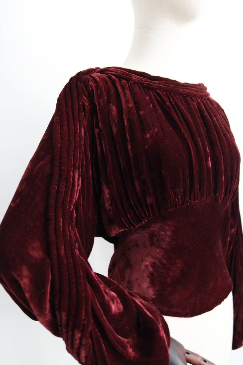 "Deep Maroon Pleats" Vintage 1930's Silk Velvet Maroon Red Pleated Blouse UK 10-14 US 6-10