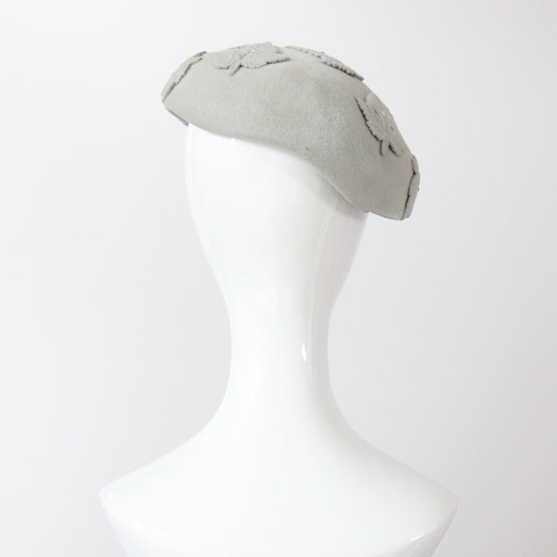 "Felt & Rhinestones" Vintage 1950's Dove Grey Felt & Rhinestone Leaf Appliqués Hat