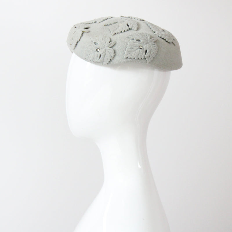 "Felt & Rhinestones" Vintage 1950's Dove Grey Felt & Rhinestone Leaf Appliqués Hat