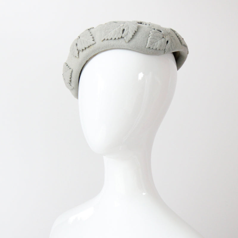 "Felt & Rhinestones" Vintage 1950's Dove Grey Felt & Rhinestone Leaf Appliqués Hat