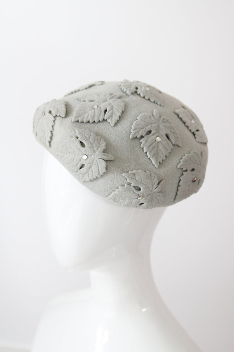 "Felt & Rhinestones" Vintage 1950's Dove Grey Felt & Rhinestone Leaf Appliqués Hat