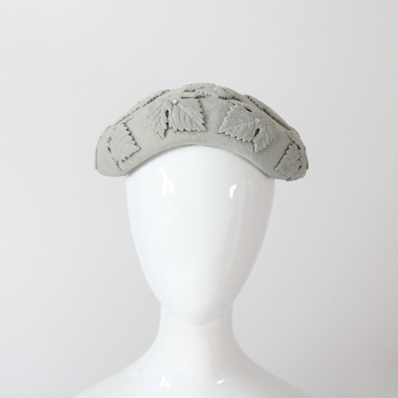"Felt & Rhinestones" Vintage 1950's Dove Grey Felt & Rhinestone Leaf Appliqués Hat