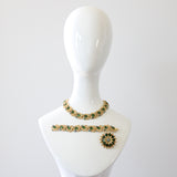 "Brushed Gold Leaves & Rhinestones" Vintage 1950's Lisner Full Parure Jewellery Set