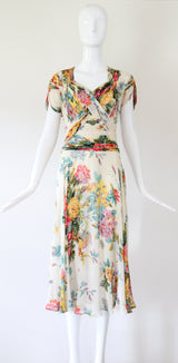"Wildflower Chiffon" Vintage Late 1930's Wildflower Silk Chiffon Dress UK 10 US 6