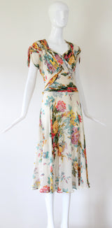 "Wildflower Chiffon" Vintage Late 1930's Wildflower Silk Chiffon Dress UK 10 US 6