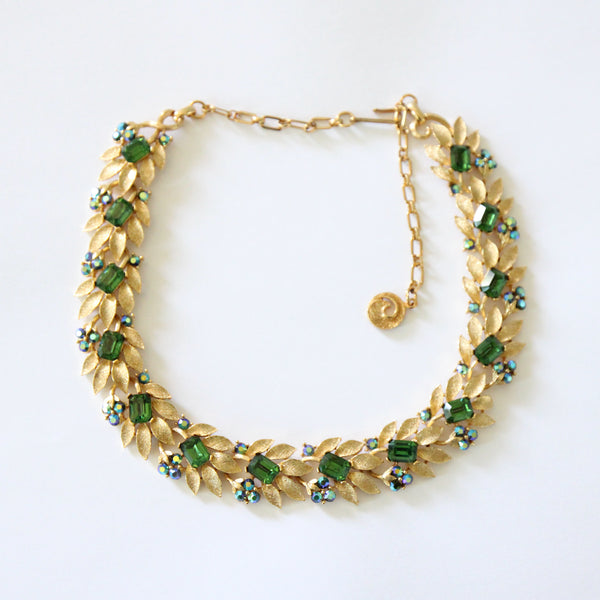 "Brushed Gold Leaves & Rhinestones" Vintage 1950's Lisner Full Parure Jewellery Set