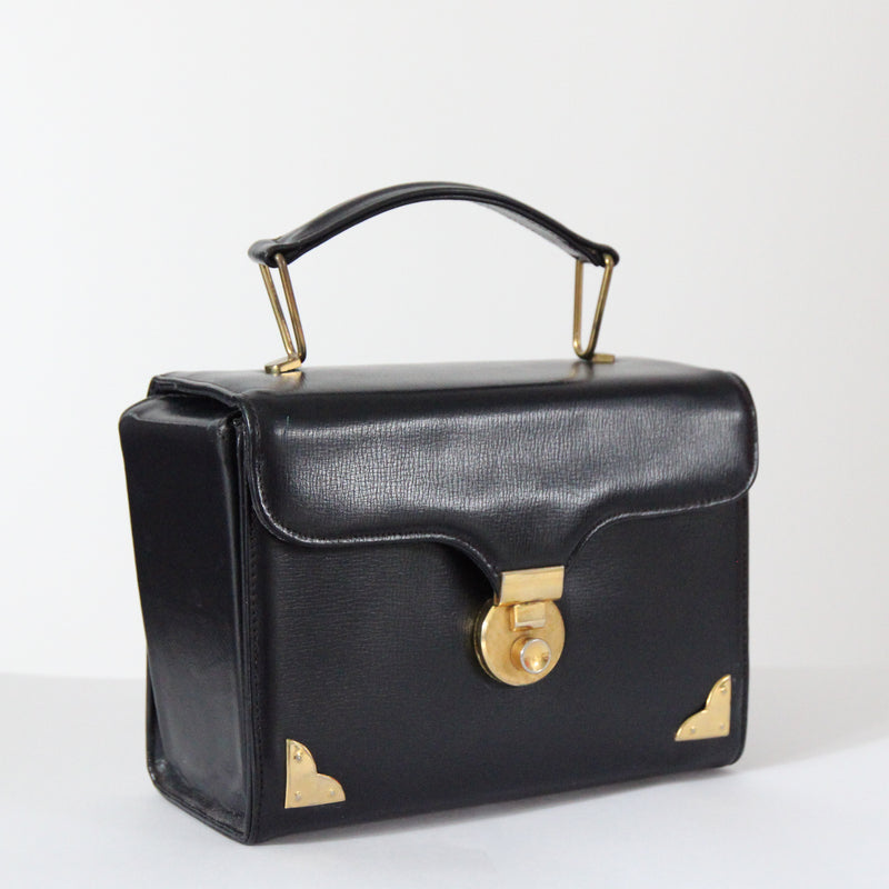 "En Marine" Vintage 1940's Navy Blue & Gold Hardware Top Handle Handbag