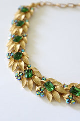 "Brushed Gold Leaves & Rhinestones" Vintage 1950's Lisner Full Parure Jewellery Set