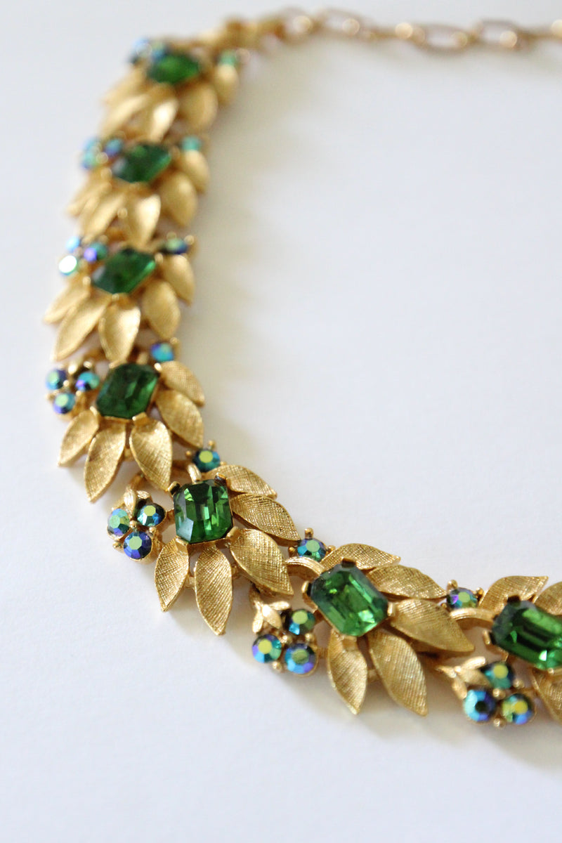 "Brushed Gold Leaves & Rhinestones" Vintage 1950's Lisner Full Parure Jewellery Set