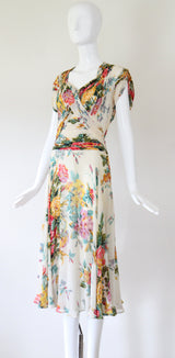 "Wildflower Chiffon" Vintage Late 1930's Wildflower Silk Chiffon Dress UK 10 US 6