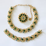 "Brushed Gold Leaves & Rhinestones" Vintage 1950's Lisner Full Parure Jewellery Set