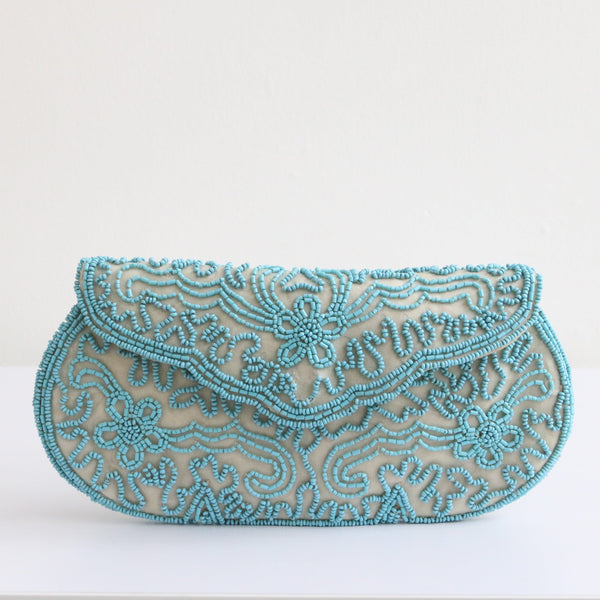 "Turquoise Beadwork" Vintage 1950's Turquoise & Organza Beaded Clutch Bag