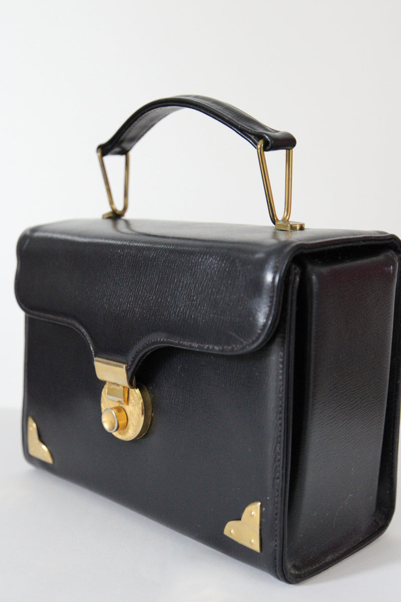 "En Marine" Vintage 1940's Navy Blue & Gold Hardware Top Handle Handbag