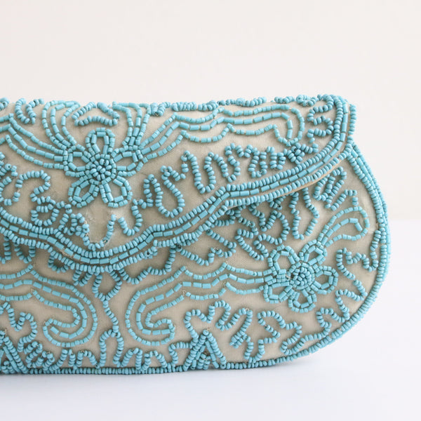 "Turquoise Beadwork" Vintage 1950's Turquoise & Organza Beaded Clutch Bag